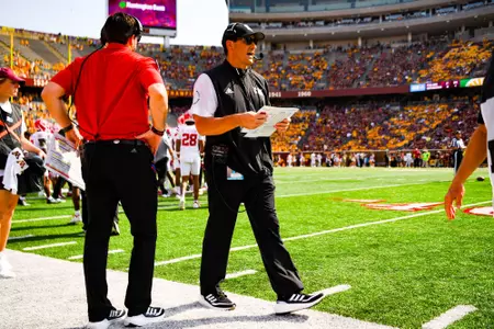 Associate Head Coach/TE, Jorge Munoz on the sideline September 30, 2023 Louisiana @ University of Minnesota Football in Minneapolis, MN at Huntington Bank Stadium. Final score Louisiana 24 Minnesota 35. Photo by Benjamin R. Massey/Ragin Cajun Athletics