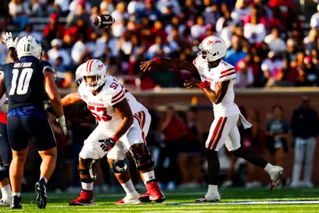 Zeon Chriss makes a throw October 28, 2023 Louisiana vs South Alabama Football in Mobile, AL at Hancock Whitney Bank Stadium. Final score Louisiana 33 South Alabama 20. Photo by Benjamin R. Massey/Ragin Cajun Athletics