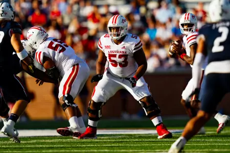 AJ Gillie makes a lock October 28, 2023 Louisiana vs South Alabama Football in Mobile, AL at Hancock Whitney Bank Stadium. Final score Louisiana 33 South Alabama 20. Photo by Benjamin R. Massey/Ragin Cajun Athletics