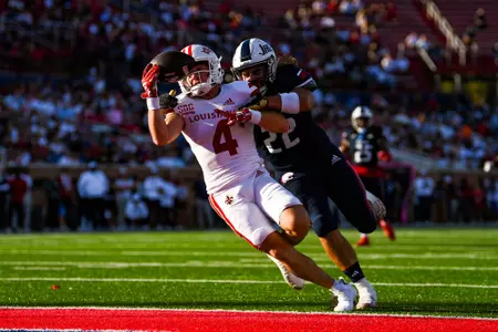 Jacob Bernard makes a catch for a touchdown October 28, 2023 Louisiana vs South Alabama Football in Mobile, AL at Hancock Whitney Bank Stadium. Final score Louisiana 33 South Alabama 20. Photo by Benjamin R. Massey/Ragin Cajun Athletics