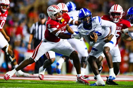 Kendre’ Gant gets a sack on Darren Grainger October 21, 2023 Louisiana vs Georgia State Football in Lafayette, LA at Cajun Field. Final score Louisiana 17 Georgia State 20. Photo by Benjamin R. Massey/Ragin Cajun Athletics