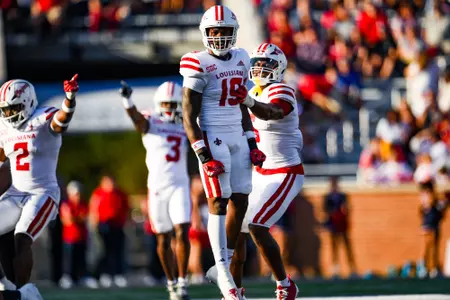 Cameron Whitfield celebrates getting a strip sack for a turnover October 28, 2023 Louisiana vs South Alabama Football in Mobile, AL at Hancock Whitney Bank Stadium. Final score Louisiana 33 South Alabama 20. Photo by Benjamin R. Massey/Ragin Cajun Athletics