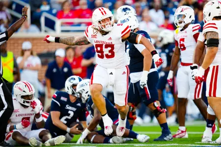 Antoine Baylis celebrates making a tackle October 28, 2023 Louisiana vs South Alabama Football in Mobile, AL at Hancock Whitney Bank Stadium. Final score Louisiana 33 South Alabama 20. Photo by Benjamin R. Massey/Ragin Cajun Athletics