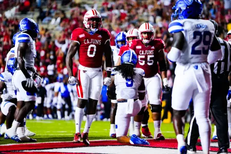 Jacob Kibodi celebrates a touchdown October 21, 2023 Louisiana vs Georgia State Football in Lafayette, LA at Cajun Field. Final score Louisiana 17 Georgia State 20. Photo by Benjamin R. Massey/Ragin Cajun Athletics