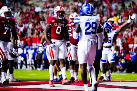 Jacob Kibodi celebrates a touchdown October 21, 2023 Louisiana vs Georgia State Football in Lafayette, LA at Cajun Field. Final score Louisiana 17 Georgia State 20. Photo by Benjamin R. Massey/Ragin Cajun Athletics