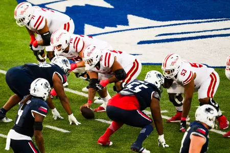 Offensive line October 28, 2023 Louisiana vs South Alabama Football in Mobile, AL at Hancock Whitney Bank Stadium. Final score Louisiana 33 South Alabama 20. Photo by Benjamin R. Massey/Ragin Cajun Athletics