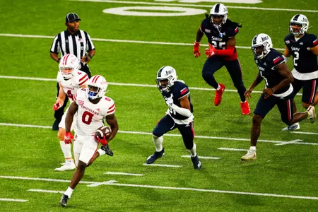 Jacob Kibodi runs the ball for a 56 yard touchdown October 28, 2023 Louisiana vs South Alabama Football in Mobile, AL at Hancock Whitney Bank Stadium. Final score Louisiana 33 South Alabama 20. Photo by Benjamin R. Massey/Ragin Cajun Athletics