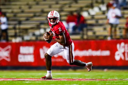 Zeon Chriss looks to throw October 21, 2023 Louisiana vs Georgia State Football in Lafayette, LA at Cajun Field. Final score Louisiana 17 Georgia State 20. Photo by Benjamin R. Massey/Ragin Cajun Athletics