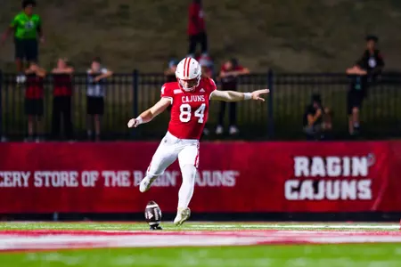 Thomas Leo on kickoff October 21, 2023 Louisiana vs Georgia State Football in Lafayette, LA at Cajun Field. Final score Louisiana 17 Georgia State 20. Photo by Benjamin R. Massey/Ragin Cajun Athletics