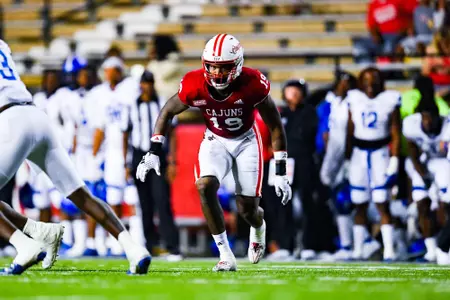 Cameron Whitfield pre snap October 21, 2023 Louisiana vs Georgia State Football in Lafayette, LA at Cajun Field. Final score Louisiana 17 Georgia State 20. Photo by Benjamin R. Massey/Ragin Cajun Athletics