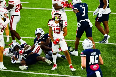 Amir McDaniel celebrates making a tackle October 28, 2023 Louisiana vs South Alabama Football in Mobile, AL at Hancock Whitney Bank Stadium. Final score Louisiana 33 South Alabama 20. Photo by Benjamin R. Massey/Ragin Cajun Athletics