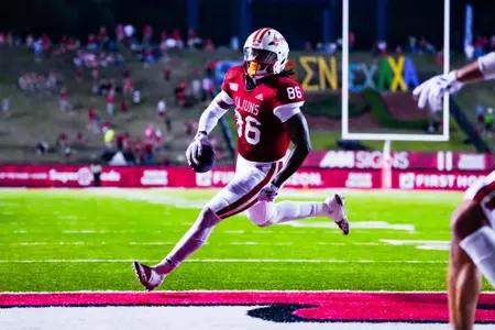 Terrance Carter makes a catch for a touchdown October 21, 2023 Louisiana vs Georgia State Football in Lafayette, LA at Cajun Field. Final score Louisiana 17 Georgia State 20. Photo by Benjamin R. Massey/Ragin Cajun Athletics