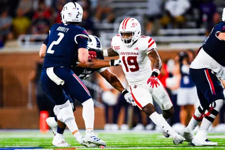 Cameron Whitfield makes a move October 28, 2023 Louisiana vs South Alabama Football in Mobile, AL at Hancock Whitney Bank Stadium. Final score Louisiana 33 South Alabama 20. Photo by Benjamin R. Massey/Ragin Cajun Athletics