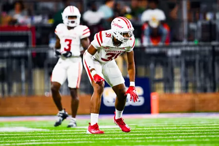 Trey Fite pre snap October 28, 2023 Louisiana vs South Alabama Football in Mobile, AL at Hancock Whitney Bank Stadium. Final score Louisiana 33 South Alabama 20. Photo by Benjamin R. Massey/Ragin Cajun Athletics
