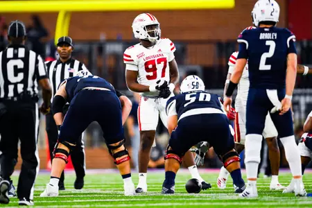Lance Williams pre snap October 28, 2023 Louisiana vs South Alabama Football in Mobile, AL at Hancock Whitney Bank Stadium. Final score Louisiana 33 South Alabama 20. Photo by Benjamin R. Massey/Ragin Cajun Athletics