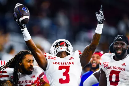 Tyrone Lewis, Jr. celebrates his second interception of the game October 28, 2023 Louisiana vs South Alabama Football in Mobile, AL at Hancock Whitney Bank Stadium. Final score Louisiana 33 South Alabama 20. Photo by Benjamin R. Massey/Ragin Cajun Athletics