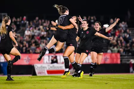 Megan Bradley celebrates with teammates October 19, 2023 Louisiana Women's Soccer vs Arkansas State in Lafayette, LA at Home Bank Track and Soccer Complex. Final Score Louisiana 2 Marshall 1. Photo by Benjamin R. Massey/Ragin Cajun Athletics
