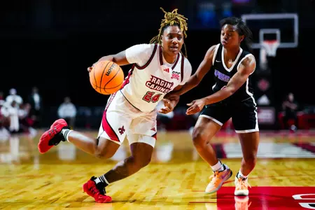 Destiny Rice dribbles November 6, 2023 Louisiana vs Spring Hill College Women's Basketball in Lafayette, LA at the Cajundome. Final score Louisiana 75 SHC 45. Photo by Benjamin R. Massey/Ragin Cajun Athletics