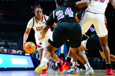 Nubia Benedith dribbles November 6, 2023 Louisiana vs Spring Hill College Women's Basketball in Lafayette, LA at the Cajundome. Final score Louisiana 75 SHC 45. Photo by Benjamin R. Massey/Ragin Cajun Athletics