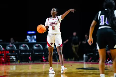 Dacia Jones dribbles November 6, 2023 Louisiana vs Spring Hill College Women's Basketball in Lafayette, LA at the Cajundome. Final score Louisiana 75 SHC 45. Photo by Benjamin R. Massey/Ragin Cajun Athletics