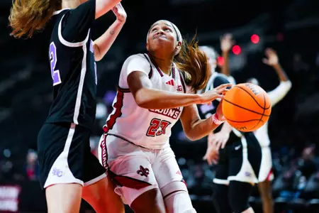 Alicia Blanton in the post November 6, 2023 Louisiana vs Spring Hill College Women's Basketball in Lafayette, LA at the Cajundome. Final score Louisiana 75 SHC 45. Photo by Benjamin R. Massey/Ragin Cajun Athletics
