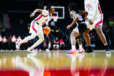 Tamiah Robinson dribbles November 6, 2023 Louisiana vs Spring Hill College Women's Basketball in Lafayette, LA at the Cajundome. Final score Louisiana 75 SHC 45. Photo by Benjamin R. Massey/Ragin Cajun Athletics