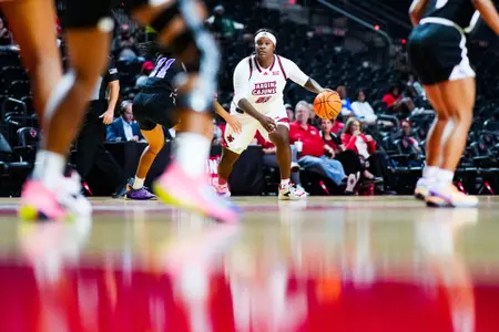 Jasmine Matthews dribbles November 6, 2023 Louisiana vs Spring Hill College Women's Basketball in Lafayette, LA at the Cajundome. Final score Louisiana 75 SHC 45. Photo by Benjamin R. Massey/Ragin Cajun Athletics