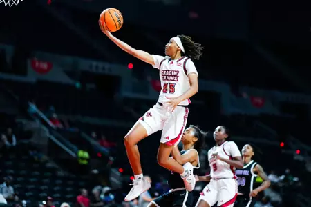 Imani Ivery lay up November 6, 2023 Louisiana vs Spring Hill College Women's Basketball in Lafayette, LA at the Cajundome. Final score Louisiana 75 SHC 45. Photo by Benjamin R. Massey/Ragin Cajun Athletics