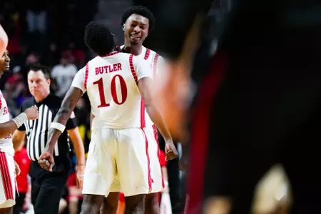 Joe Charles celebrates with Blake Butler November 6, 2023 Louisiana vs Youngstown State Men's Basketball in Lafayette, LA at the Cajundome. Final score Louisiana 72 YSU 62. Photo by Benjamin R. Massey/Ragin Cajun Athletics