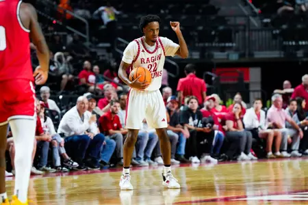 Kentrell Garnett celebrates as clock runs down November 6, 2023 Louisiana vs Youngstown State Men's Basketball in Lafayette, LA at the Cajundome. Final score Louisiana 72 YSU 62. Photo by Benjamin R. Massey/Ragin Cajun Athletics