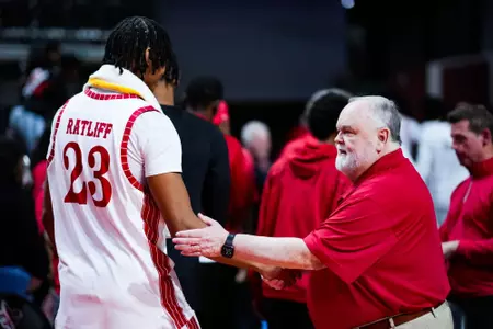 Kyran Ratliff shakes hands with a fan post game November 6, 2023 Louisiana vs Youngstown State Men's Basketball in Lafayette, LA at the Cajundome. Final score Louisiana 72 YSU 62. Photo by Benjamin R. Massey/Ragin Cajun Athletics