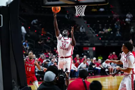Hosana Kitenge lay up November 6, 2023 Louisiana vs Youngstown State Men's Basketball in Lafayette, LA at the Cajundome. Final score Louisiana 72 YSU 62. Photo by Benjamin R. Massey/Ragin Cajun Athletics