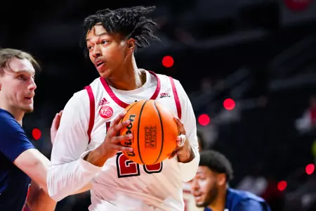 Kyran Ratliff in the post October 30, 2023 Louisiana vs University of Texas at Tyler Men's Basketball in Lafayette, LA at the Cajundome. Final score Louisiana 80 UT Tyler 57. Photo by Benjamin R. Massey/Ragin Cajun Athletics