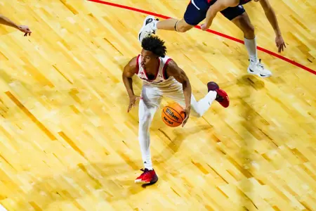 London Fields dribbles October 30, 2023 Louisiana vs University of Texas at Tyler Men's Basketball in Lafayette, LA at the Cajundome. Final score Louisiana 80 UT Tyler 57. Photo by Benjamin R. Massey/Ragin Cajun Athletics