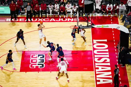 Giovanni Nannucci shoots October 30, 2023 Louisiana vs University of Texas at Tyler Men's Basketball in Lafayette, LA at the Cajundome. Final score Louisiana 80 UT Tyler 57. Photo by Benjamin R. Massey/Ragin Cajun Athletics