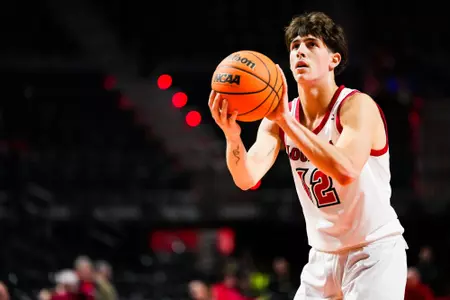 Giovanni Nannucci shoots a free throw October 30, 2023 Louisiana vs University of Texas at Tyler Men's Basketball in Lafayette, LA at the Cajundome. Final score Louisiana 80 UT Tyler 57. Photo by Benjamin R. Massey/Ragin Cajun Athletics