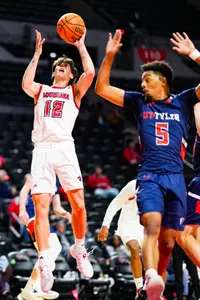 Giovanni Nannucci lay up October 30, 2023 Louisiana vs University of Texas at Tyler Men's Basketball in Lafayette, LA at the Cajundome. Final score Louisiana 80 UT Tyler 57. Photo by Benjamin R. Massey/Ragin Cajun Athletics