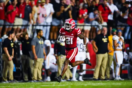 Zylan Perry returns a kickoff for a 95 yard touchdown November 9, 2023 Louisiana vs Southern Miss Football in Lafayette, LA at Cajun Field. Final score Louisiana 31 USM 34. Photo by Benjamin R. Massey/Ragin Cajun Athletics