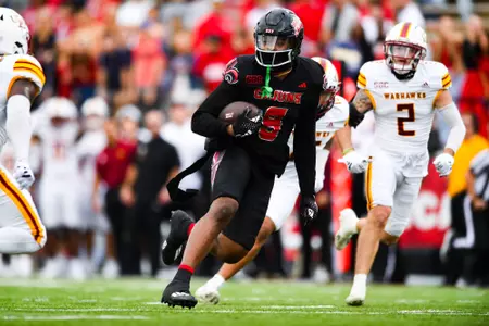 Neal Johnson makes a catch for a touchdown November 25, 2023 Louisiana vs Louisiana-Monroe Football in Lafayette, LA at Cajun Field. Final score Louisiana 52 ULM 21. Photo by Benjamin R. Massey/Ragin Cajun Athletics