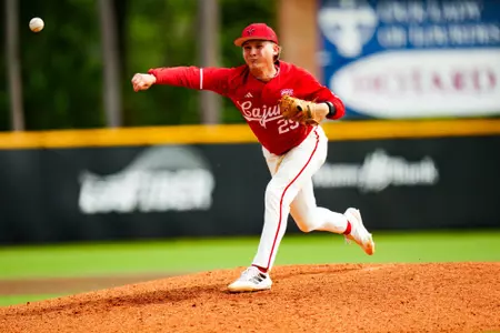 Blake McGehee pitches the ball to App State April 2, 2023 Louisiana vs Appalachian State Baseball in Russo Park at M.L. "Tigue" Moore Field. Final Score Louisiana 6 App State 0. Photo by Benjamin R. Massey/Ragin Cajun Athletics