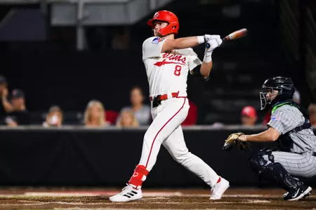 Heath Hood swings against BYU February 22, 2023 Louisiana vs Brigham Young Baseball in Lafayette, LA at Russo Park at M.L. "Tigue" Moore Field. Final Score Louisiana 4 BYU 3. Photo by Benjamin R. Massey/Ragin Cajuns Athletics