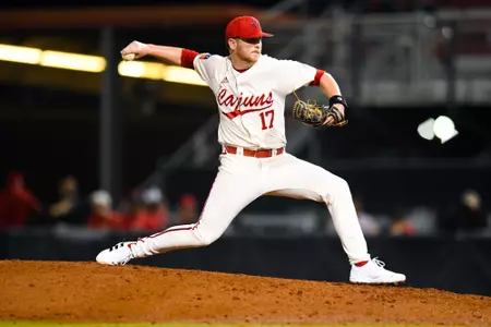 Cooper Rawls pitches the ball to BYU February 22, 2023 Louisiana vs Brigham Young Baseball in Lafayette, LA at Russo Park at M.L. "Tigue" Moore Field. Final Score Louisiana 4 BYU 3. Photo by Benjamin R. Massey/Ragin Cajuns Athletics