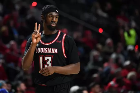 Greg Williams, Jr. indicates ‘two shots’ after Louisiana makes it into the double bonus February 2, 2023. Louisiana defeats Texas State to extend their win streak to nine games in Lafayette, LA at the Cajundome. Final score Louisiana 82 Texas State 63. Photo by: Benjamin R. Massey/Ragin Cajun Athletics