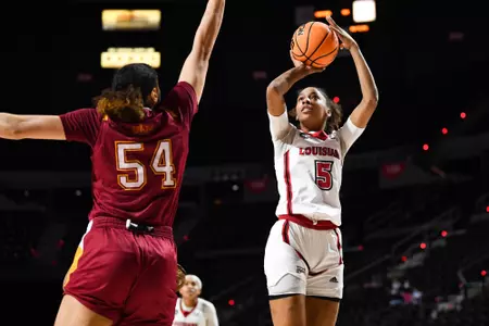Tamera Johnson shoots the ball against Louisiana-Monroe February 2, 2023 Louisiana vs Louisiana Monroe WBB in Lafayette, LA at the Cajundome. Final score Louisiana 66 ULM 58. Photo by Benjamin R. Massy/Ragin Cajun Athletics