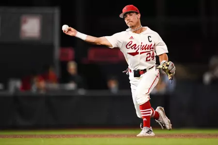Kyle DeBarge throws a ball down to first March 8, 2023 Louisiana vs McNeese BSB at Russo Park at M.L. "Tigue" Moore Field in Lafayette, LA. Final Score Louisiana 5 McNeese 3. Photo by Benjamin R. Massey/Ragin Cajun Athletics