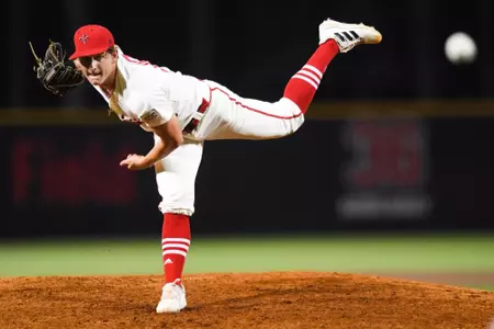 Dylan Theut pitches the ball to McNeese March 8, 2023 Louisiana vs McNeese BSB at Russo Park at M.L. "Tigue" Moore Field in Lafayette, LA. Final Score Louisiana 5 McNeese 3. Photo by Benjamin R. Massey/Ragin Cajun Athletics