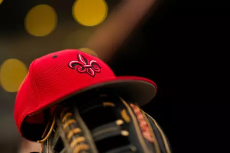 Baseball hat Fleur de Lis March 10, 2023 Lousiana vs High Point BSB in Lafayette, LA at Russo Park at M. L. "Tigue" Moore Field. Final Score Louisiana 8 High Point 6. Photo by Benjamin R. Massey/Ragin Cajun Athletics. University