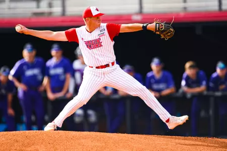 JT Etheridge pitches the ball to High Point March 11, 2023 Louisiana vs High Point University Baseball in Russo Park at M.L. "Tigue" Moore Field in Lafayette, LA. Final score Louisiana 1 HPU 5. Photo by Benjamin R. Massey/Ragin Cajun Athletics