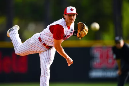 Jerry Couch pitches the ball to High Point March 11, 2023 Louisiana vs High Point University Baseball in Russo Park at M.L. "Tigue" Moore Field in Lafayette, LA. Final score Louisiana 1 HPU 5. Photo by Benjamin R. Massey/Ragin Cajun Athletics