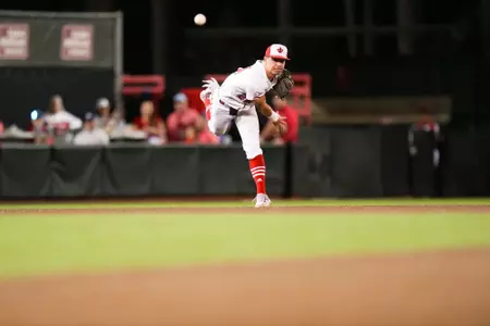 Kyle DeBarge throws ball down to first March 3, 2023 Louisiana vs Campbell Baseball in Lafayette, LA in Russo Park at M.L. "Tigue" Moore Field. Final Score Louisiana 2 Campbell 5. Photo by Benjamin R. Massey/Ragin Cajun Athletics
